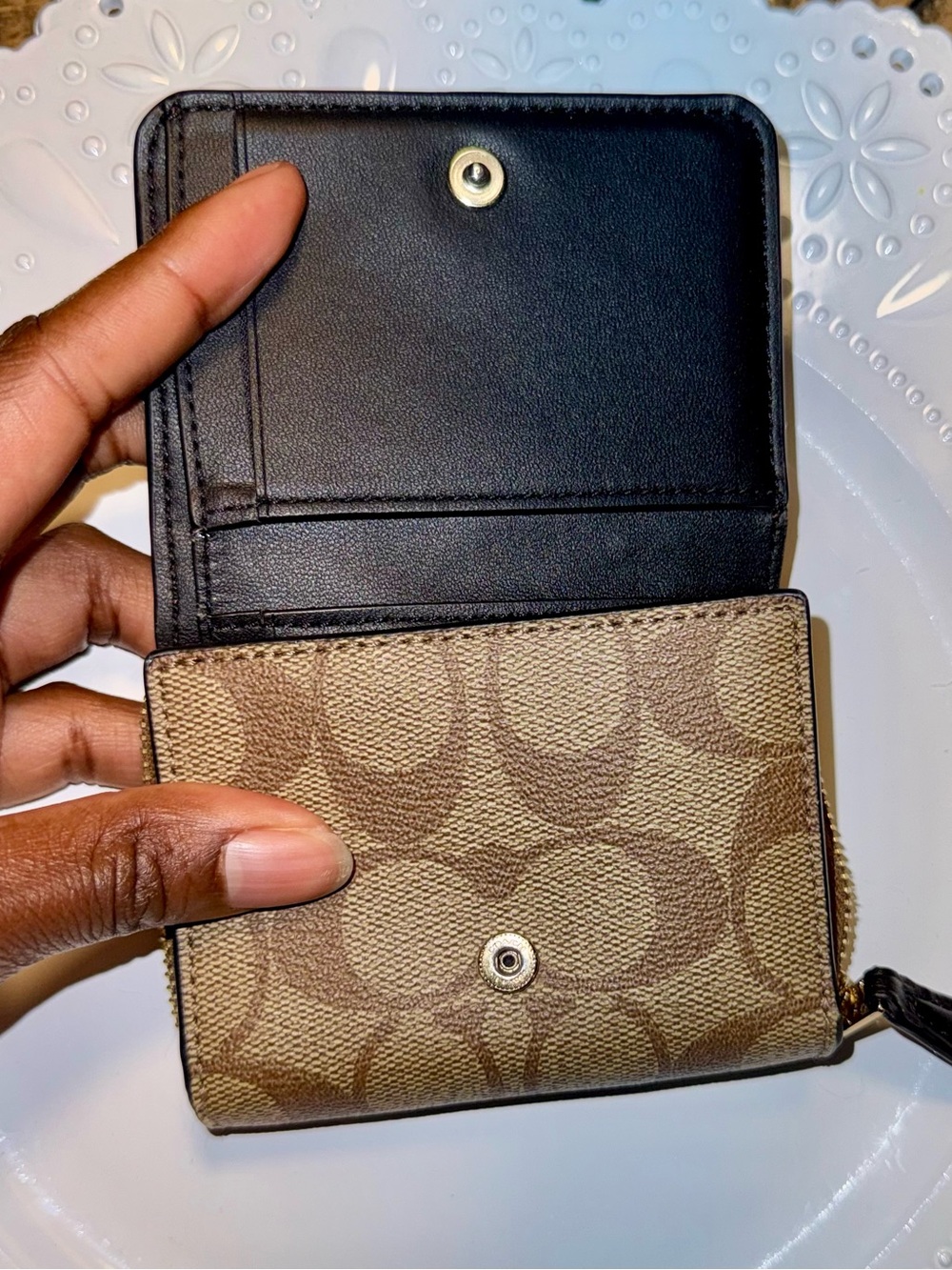 Coach Brown Leather & Signature Canvas Studded Wallet - Picture 4 of 7